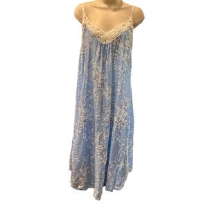 Papinelle Light Blue Floral Print Long Slip nightie Size L Cotton Silk